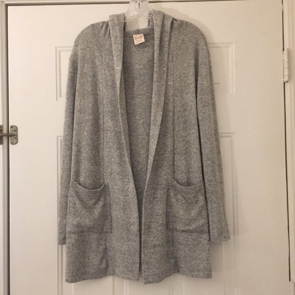 Long soft gray open hooded cardigan